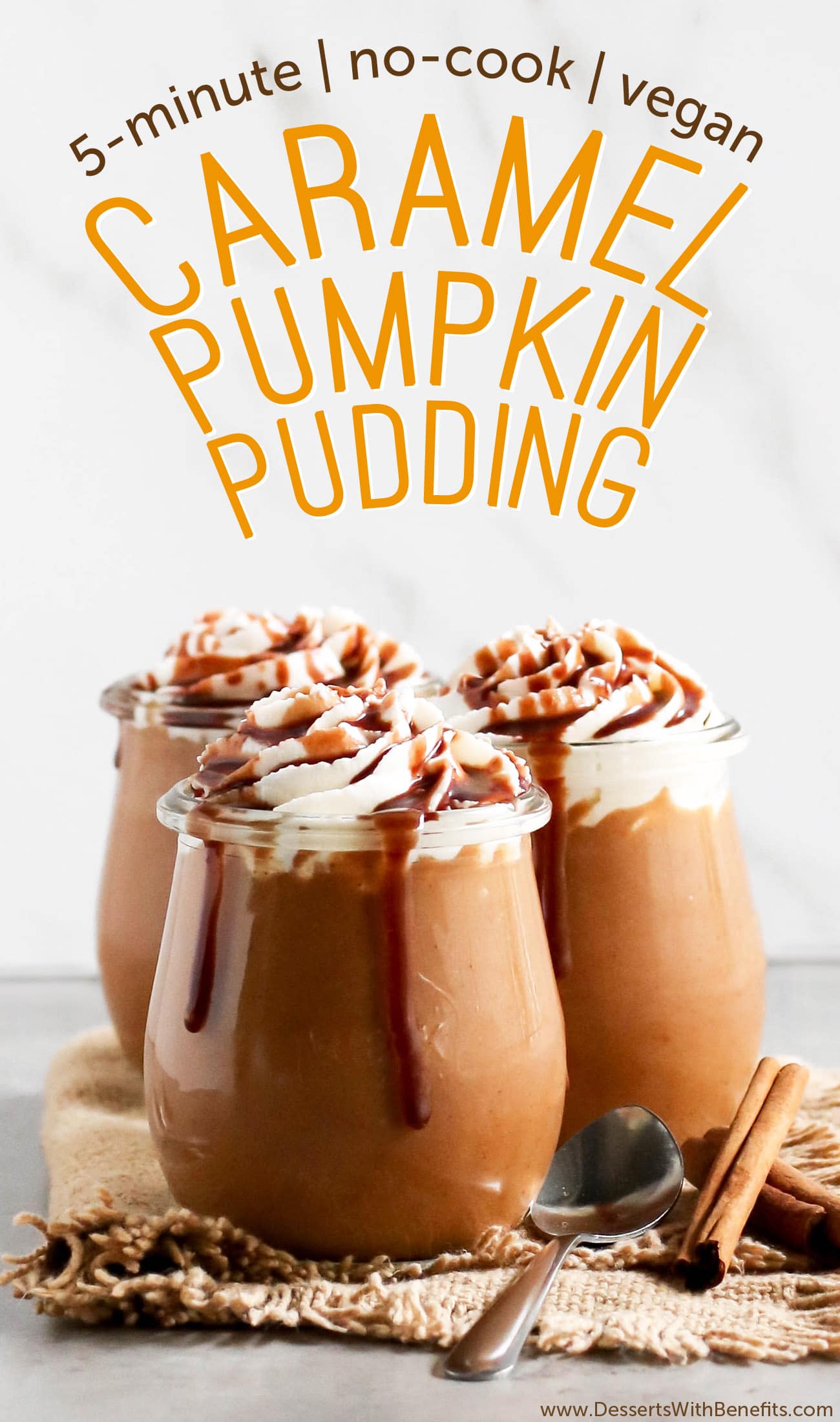 This 5-minute Healthy Caramel Pumpkin Pudding is sweet, creamy and packed full of pumpkin and caramel flavor. Best of all, it doesn't require any cooking, is refined sugar free, low fat, eggless, gluten free, and vegan too!