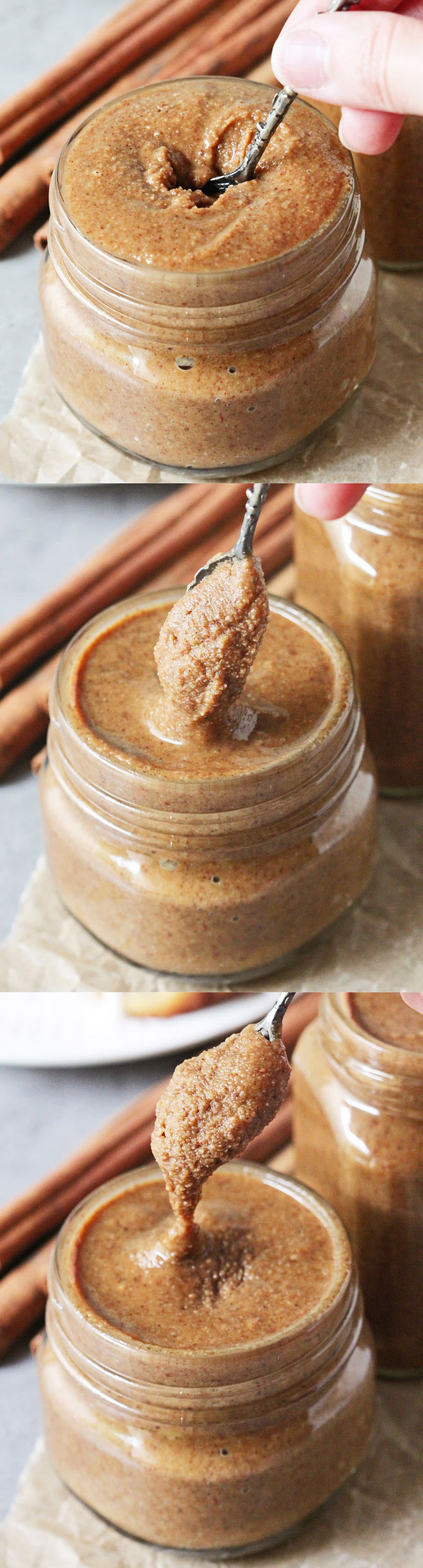 This Healthy Cinnamon Roll Almond Butter has got all the flavor of cinnamon rolls but in a sweet and spreadable form! Perfect on toast, oatmeal, ice cream, parfaits, AND a spoon. Made with toasted almonds, coconut oil, cinnamon, molasses, and stevia extract -- no butter, no sugar, no artificial ingredients. Best of all, it's refined sugar free, gluten free, and vegan!
