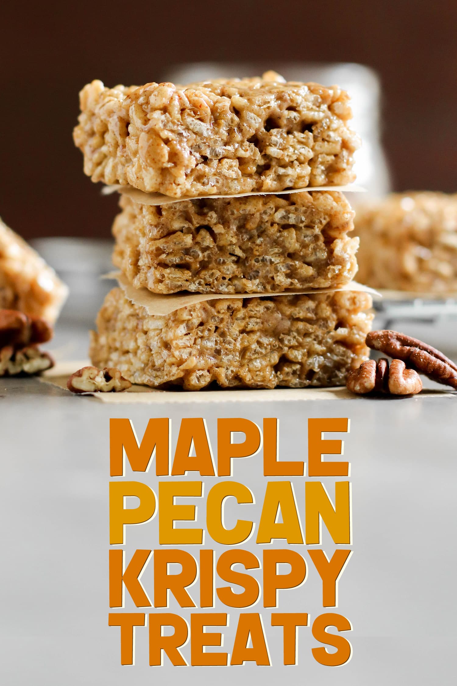 These easy, no-bake Maple Pecan Krispy Treats are chewy, crunchy, 100% delicious, and secretly healthy! You'd never know they're refined sugar free, high protein, and gluten free too. Made with pure maple syrup and easy homemade pecan butter. #glutenfree #highprotein #healthy #healthydessert