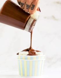 This Healthy Chocolate Fudge Sauce is rich, creamy, and delicious over ice cream, cake, and oatmeal, and mixed into milkshakes and trifles! Made with healthier ingredient swaps, this Hot Fudge Sauce is sugar free, low carb, low fat, and gluten free. Perfect as a potluck dessert topping, a homemade gift for birthdays and parties, and a pantry staple just for you.