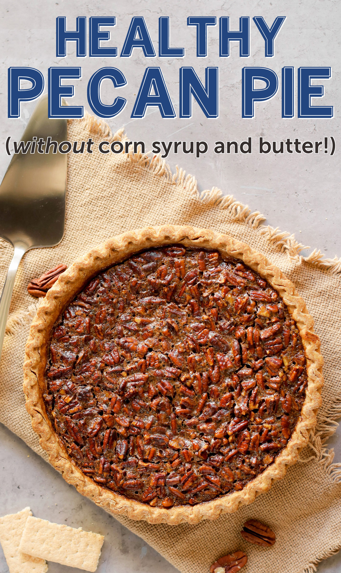 This Healthy Pecan Pie is so rich and decadent, every bite is pure joy -- you'd never know it's made without the corn syrup, white sugar, butter, and heavy cream! This freezer friendly Pecan Pie is an all natural, good-for-you dessert that is perfect for Thanksgiving, Christmas, birthdays, or any day for that matter!