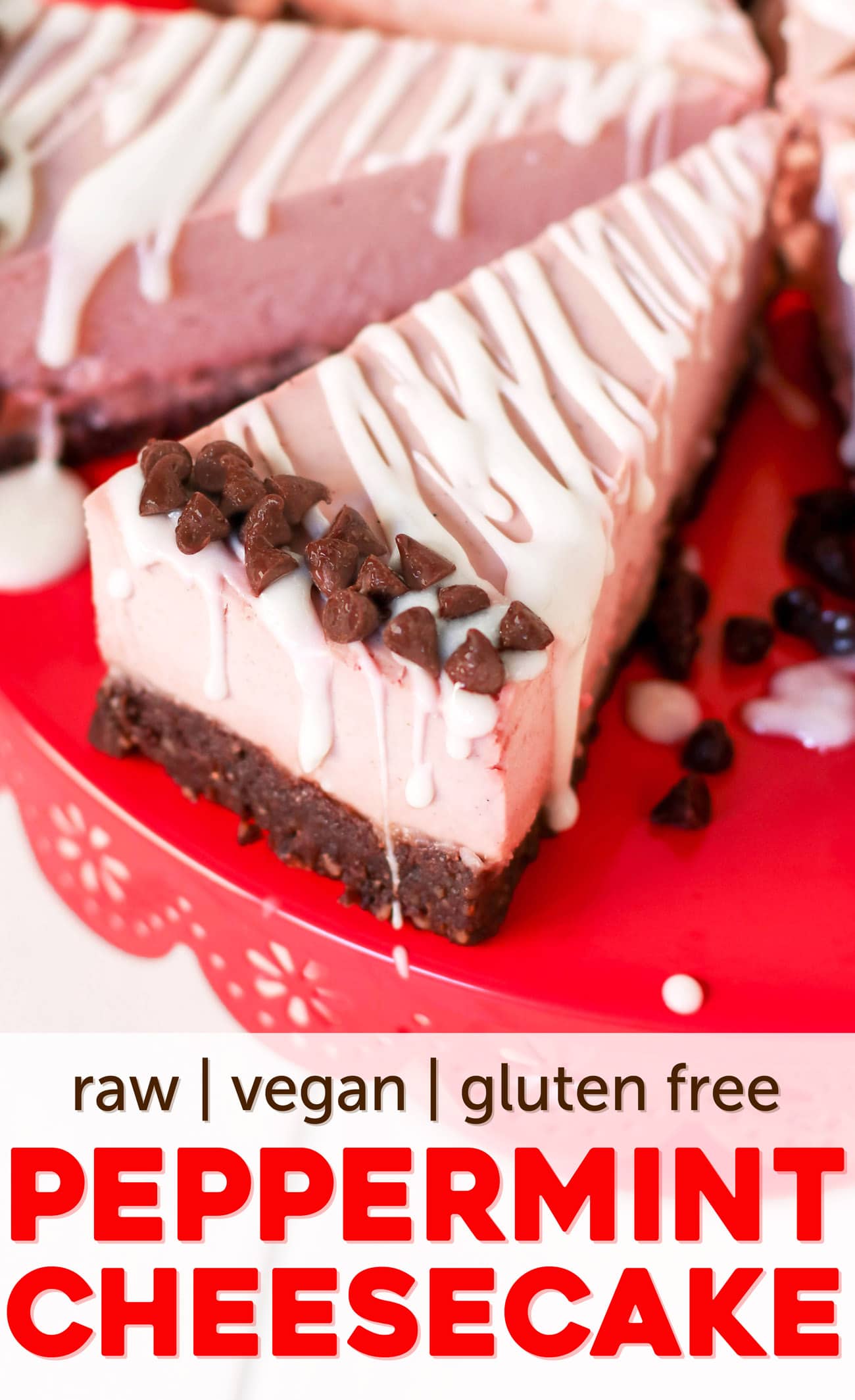 This deliciously rich and creamy no-bake Raw Vegan Peppermint Cheesecake is creamy without the cream cheese, fluffy without the eggs, and secretly sugar free and gluten free too!  No baking required, no water bath needed. Perfect for the holidays, birthdays, parties, or no reason at all!