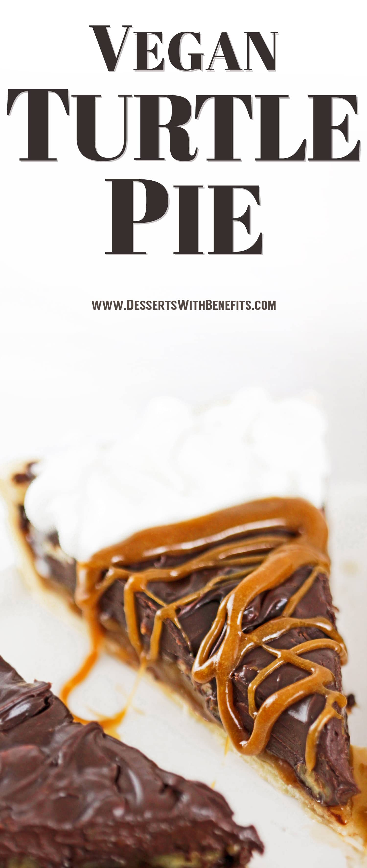 This Vegan Turtle Pie tastes so rich and decadent you’ll wonder HOW on earth it can possibly be vegan, dairy free, and all natural! From the buttery pie crust to the sweet, chewy caramel layer, to the chocolatey pecan ganache layer, you’re in for a real treat. Healthy Dessert Recipes at the Desserts With Benefits Blog (www.DessertsWithBenefits.com)