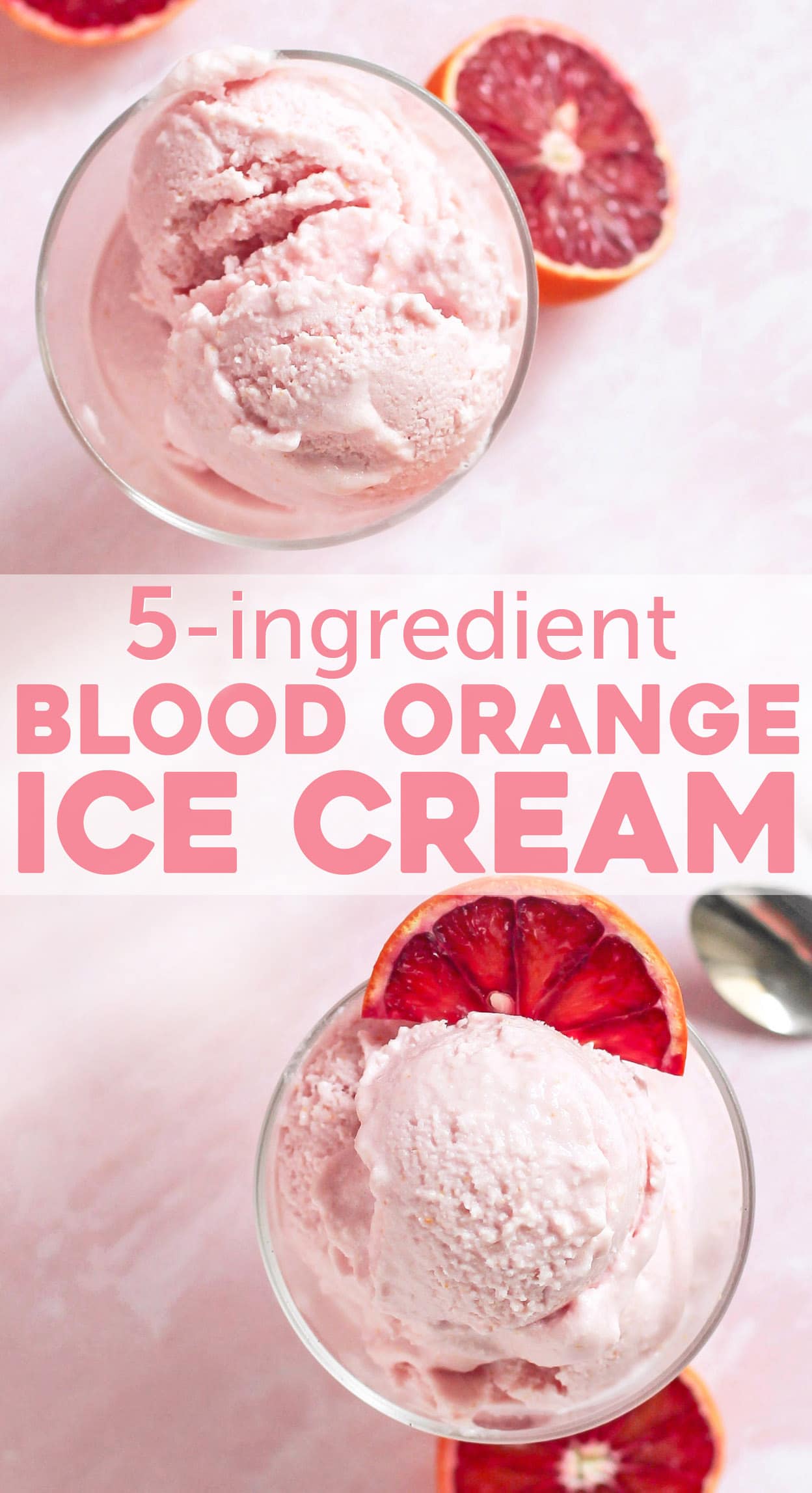 This 5-ingredient Blood Orange Ice Cream is sweet, tart, citrusy, and oh so satisfying. No need for the heavy cream, white sugar, artificial flavors, and artificial food dyes! This is the perfect ice cream to indulge in, guilt-free! Compared to store-bought ice cream, this is lower in calories, fat, and sugar, and higher in protein!