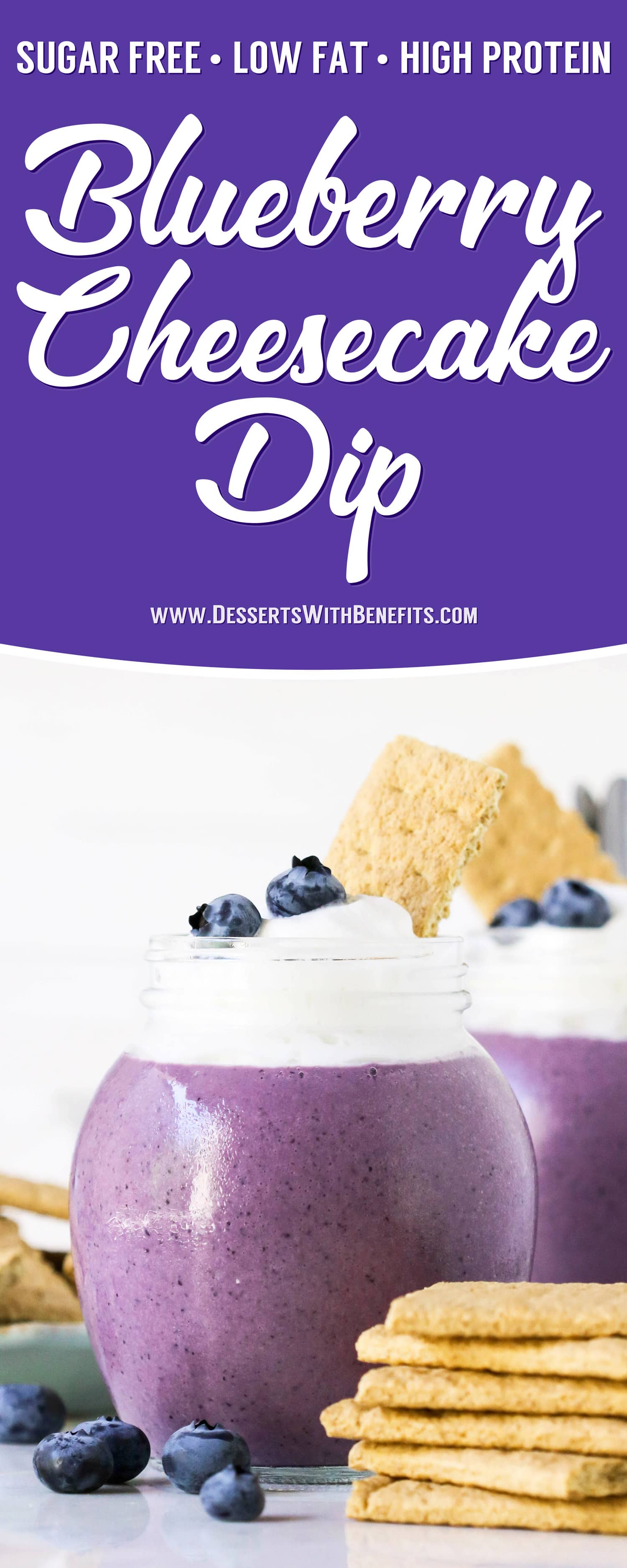 Don't have time to bake off an entire cheesecake? Make this 5-minute Blueberry Cheesecake Dip! It's thick, creamy, and sweet, just like cheesecake batter, but made with the sugar, eggs, butter, and cream cheese! You'd never know it's sugar free, low fat, high protein, and gluten free too!
