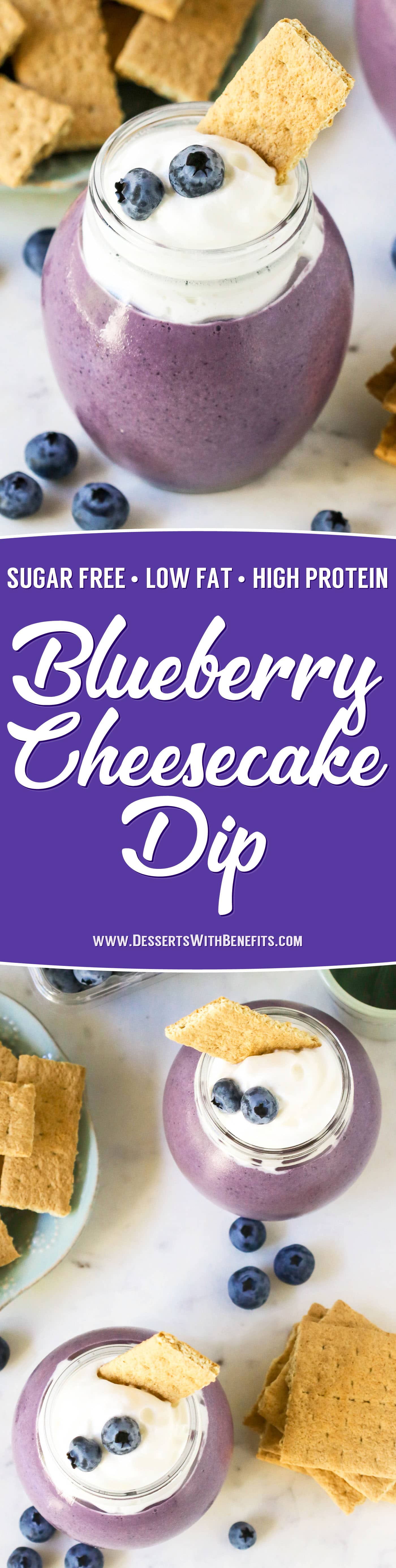 Don't have time to bake off an entire cheesecake? Make this 5-minute Blueberry Cheesecake Dip! It's thick, creamy, and sweet, just like cheesecake batter, but made with the sugar, eggs, butter, and cream cheese! You'd never know it's sugar free, low fat, high protein, and gluten free too!