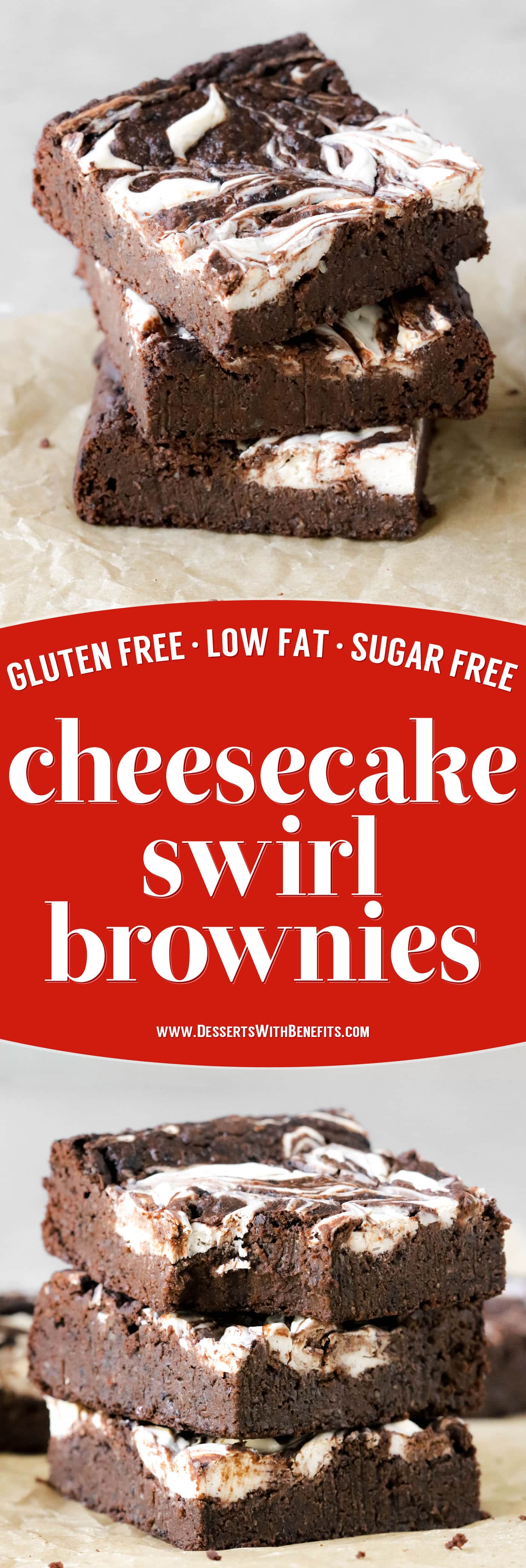 These Cheesecake Swirl Brownies are fudgy, dense, and chocolatey. And they're gluten free, sugar free, high fiber, and high protein too!