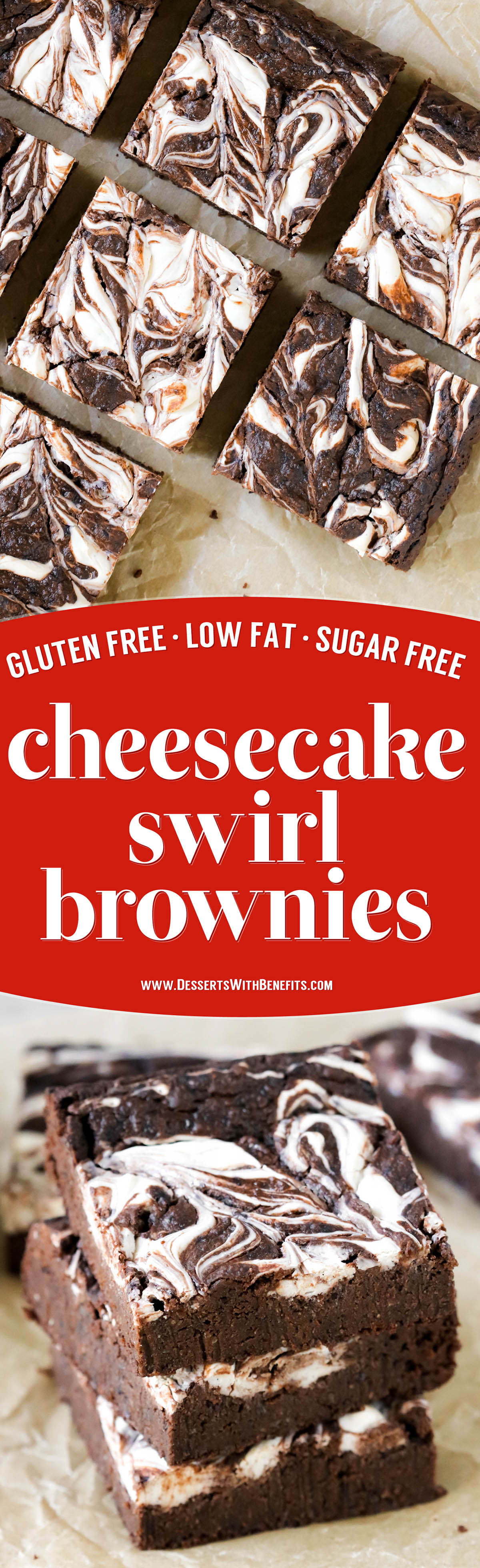 These Cheesecake Swirl Brownies are fudgy, dense, and chocolatey. And they're gluten free, sugar free, high fiber, and high protein too!