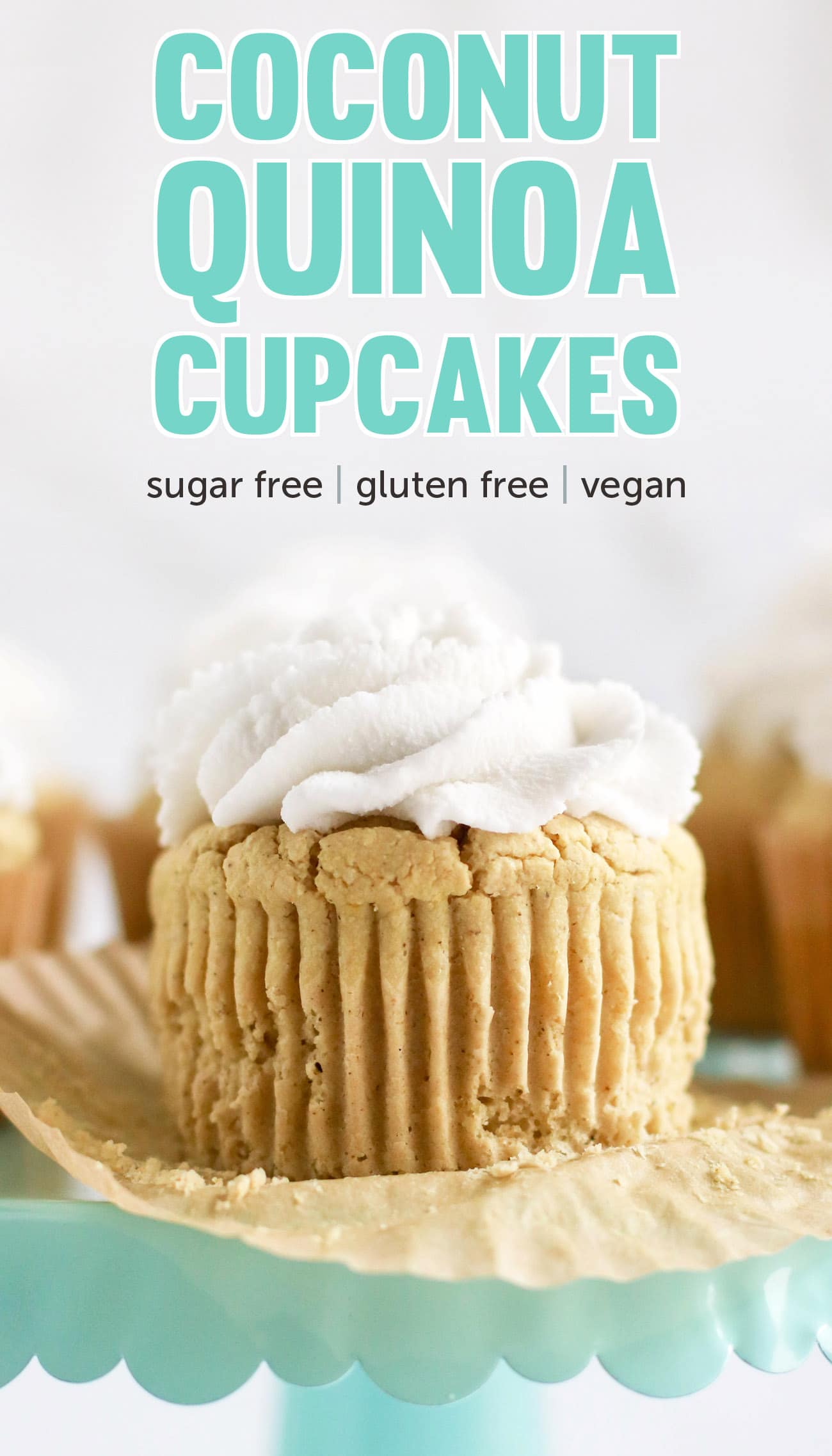 These Healthy Coconut Cupcakes are fluffy, springy, and moist! They're the most nutritious, guilt-free treat! Made with quinoa flour, sorghum flour, coconut yogurt, and coconut milk, so they're gluten free, dairy free, vegan, and sugar free!