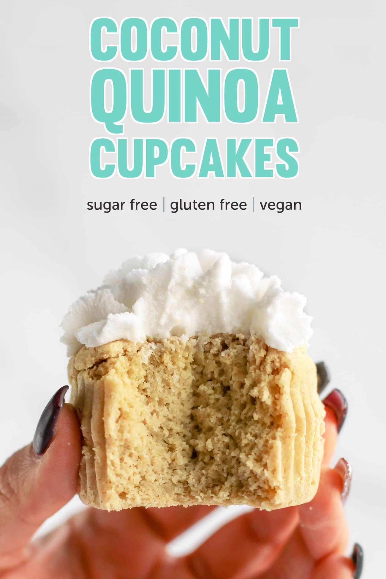 These Healthy Coconut Cupcakes are fluffy, springy, and moist! They're the most nutritious, guilt-free treat! Made with quinoa flour, sorghum flour, coconut yogurt, and coconut milk, so they're gluten free, dairy free, vegan, and sugar free!