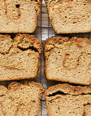 This super moist Coffee Cake Banana Bread is two classic breakfast treats mixed into one, and made healthy, high protein, high fiber, gluten free, dairy free, and sugar free too!