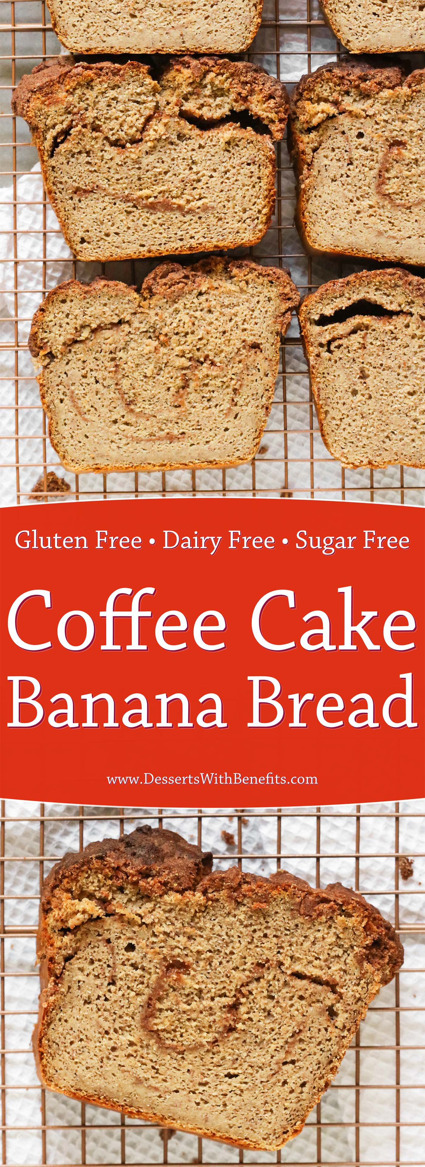 This super moist Coffee Cake Banana Bread is two classic breakfast treats mixed into one, and made healthy, high protein, high fiber, gluten free, dairy free, and sugar free too!