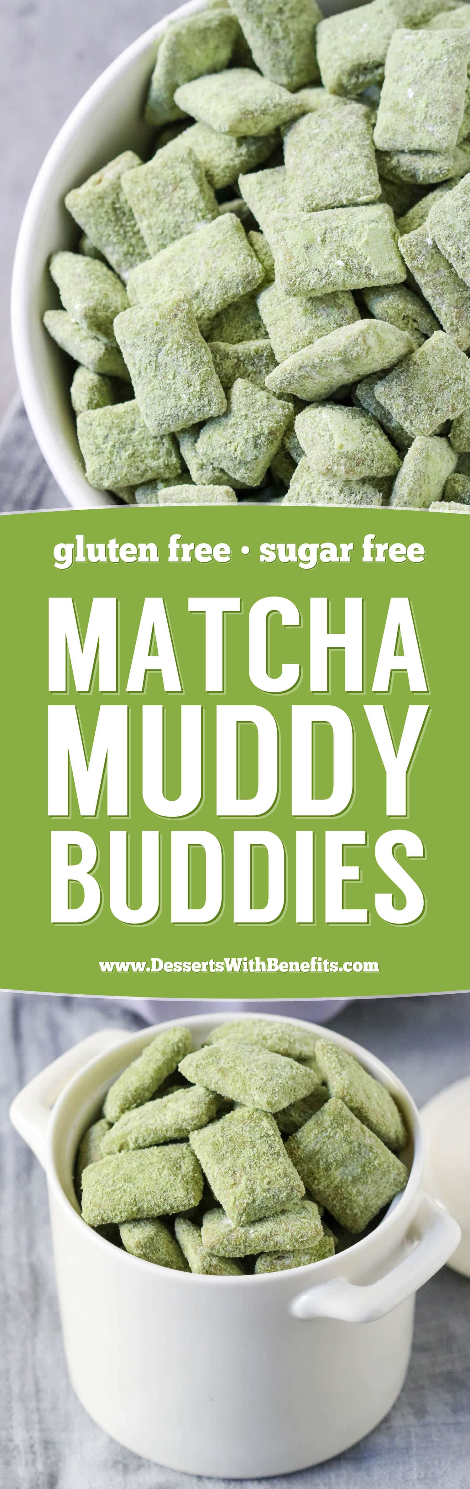 These Matcha Green Tea Muddy Buddies (Puppy Chow recipe) are the perfect, crunchy snack to satisfy the snack monster in you! Easy, no-bake, healthy, high protein, high fiber, and sugar free too.
