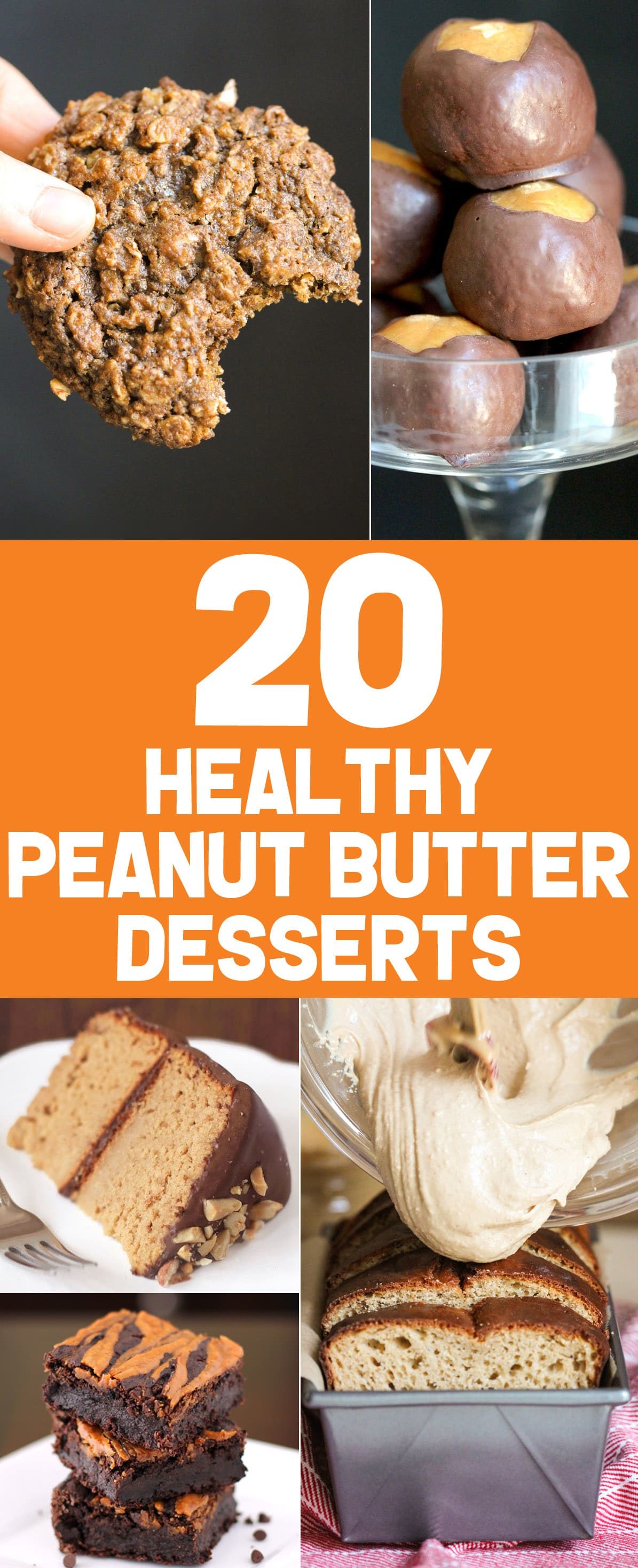 Let the peanut butter lover inside you go ham with these 20 healthy peanut butter desserts! From chewy peanut butter cookies to fluffy peanut butter mousse, from peanut butter cake to buckeye balls, and more. There are options for everyone, with sugar free, low carb, low fat, high protein, high fiber, gluten free, dairy free, vegan, and keto recipes! #glutenfreedessert #lowcarbdessert #ketodessert #highprotein #healthycake #glutenfreecake #sugarfreecake #veganbrownies #ketofudge #fatbombs