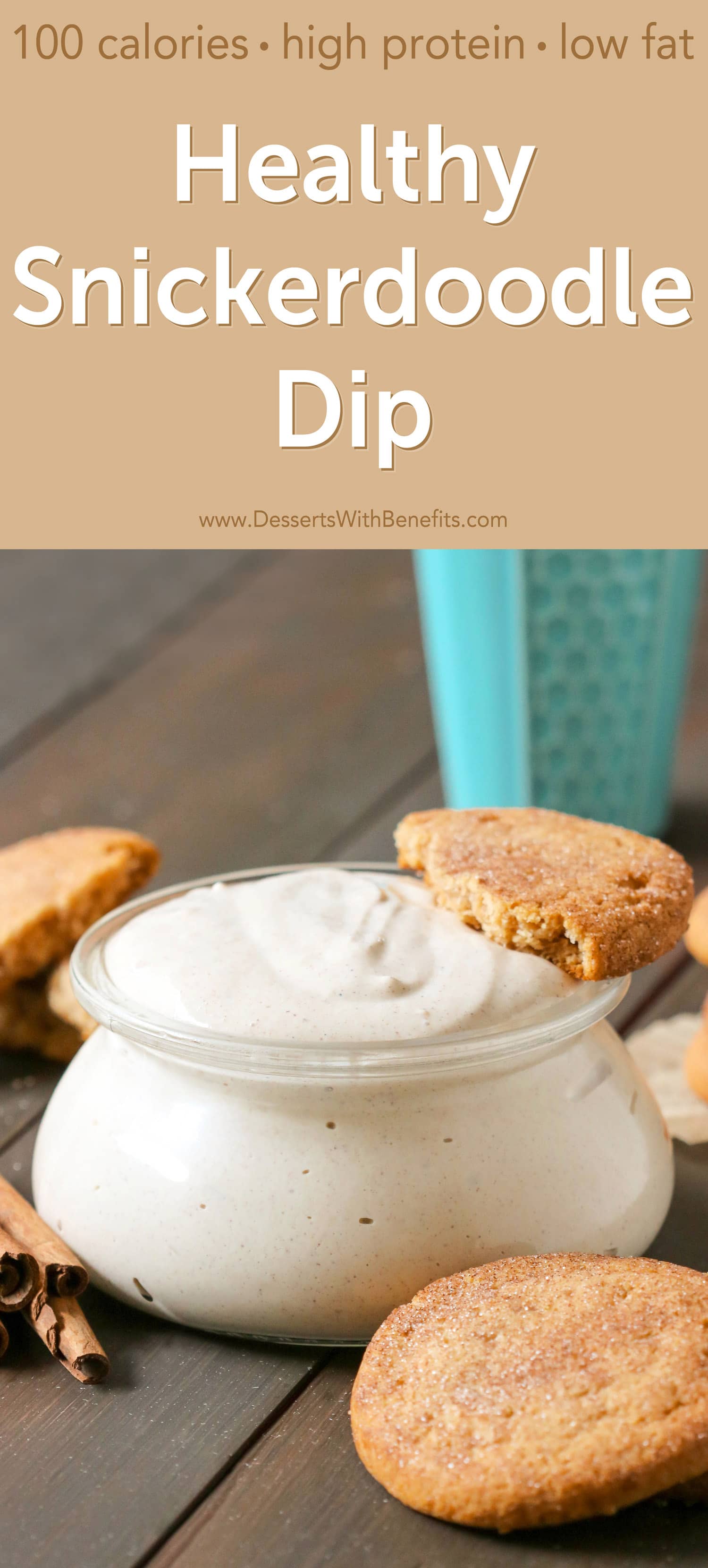 This 100-calorie Snickerdoodle Dip is sweet, thick, creamy, and spiced with cinnamon. Your favorite cookie in dippable form, made healthy, sugar free, low fat, high protein, and gluten free!