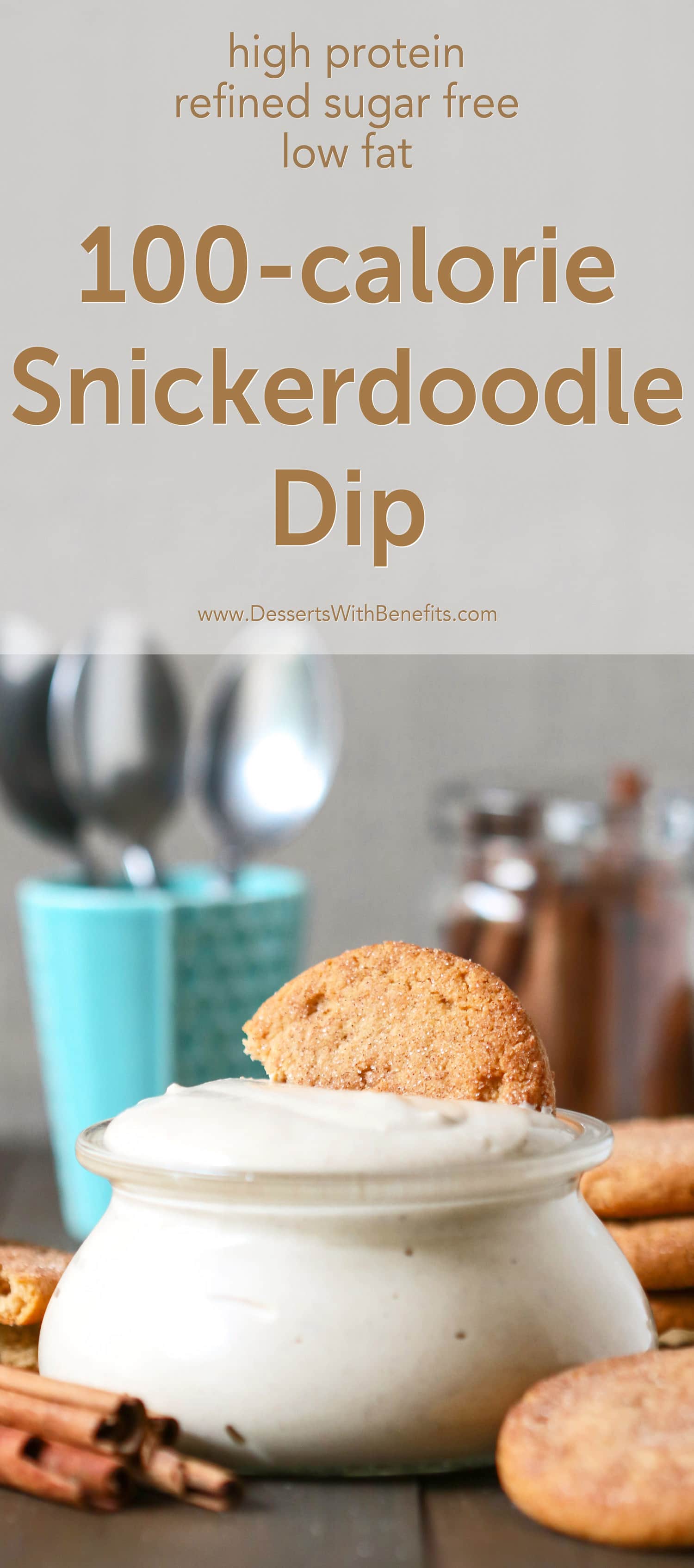 This 100-calorie Snickerdoodle Dip is sweet, thick, creamy, and spiced with cinnamon. Your favorite cookie in dippable form, made healthy, sugar free, low fat, high protein, and gluten free!