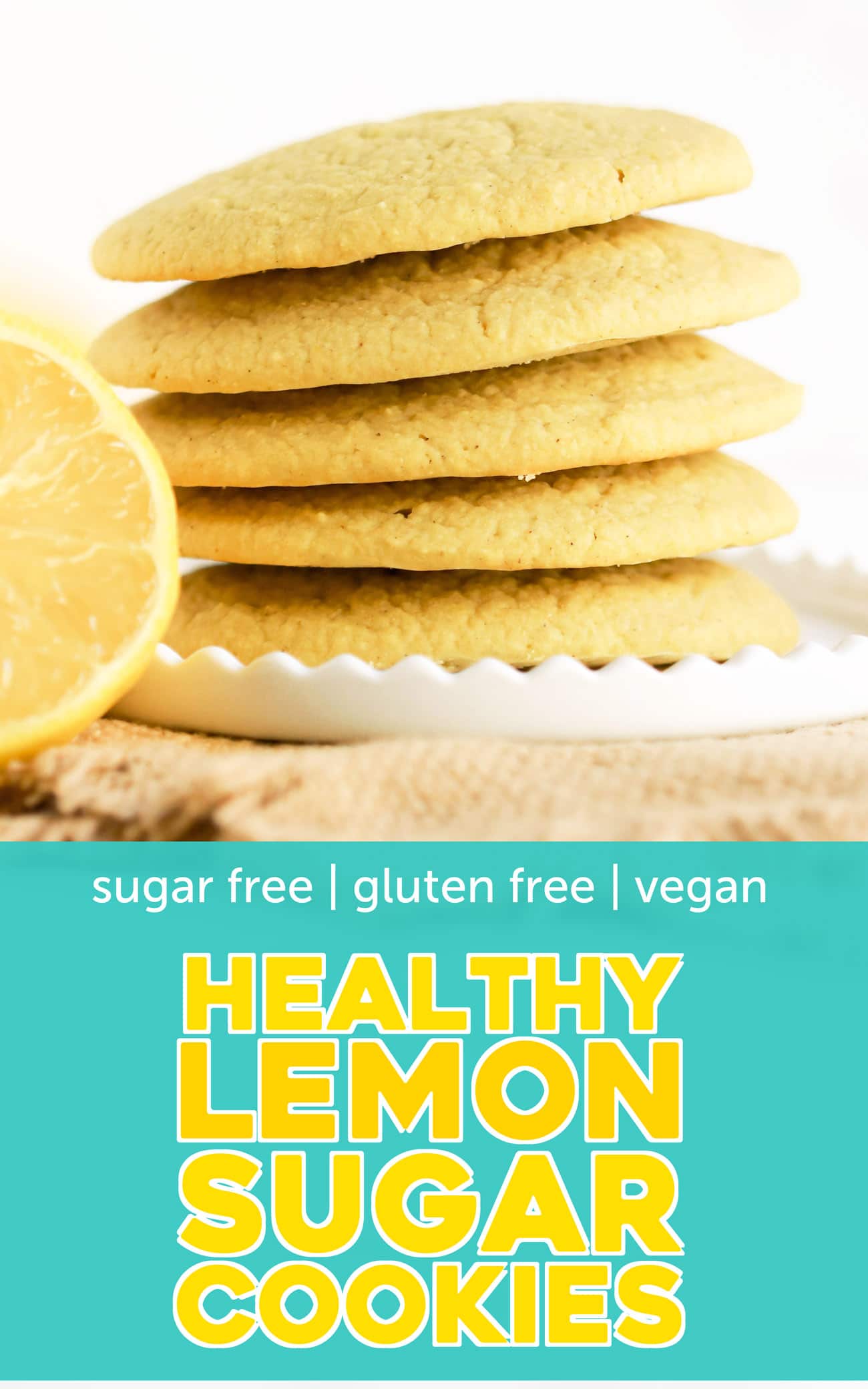 These Lemon Sugar Cookies are packed with bright and refreshing lemon flavor -- no need for the butter, sugar, or flour! Yes, these cookies are dairy free, sugar free, and gluten free. Perfect for the lemon lovers out there! Can you guess the secret ingredient that makes them uber soft?