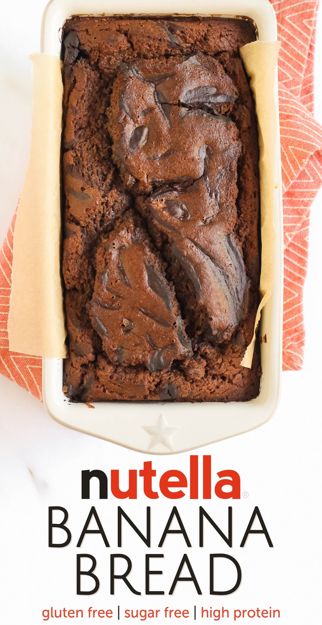 This Nutella Banana Bread is so moist, fluffy, springy, and chocolatey! It doesn't taste healthy, sugar free, gluten free, dairy free, high protein, or whole grain ONE BIT. It tastes like it's from a bakery! Made with low carb, paleo, and keto-friendly homemade Nutella!