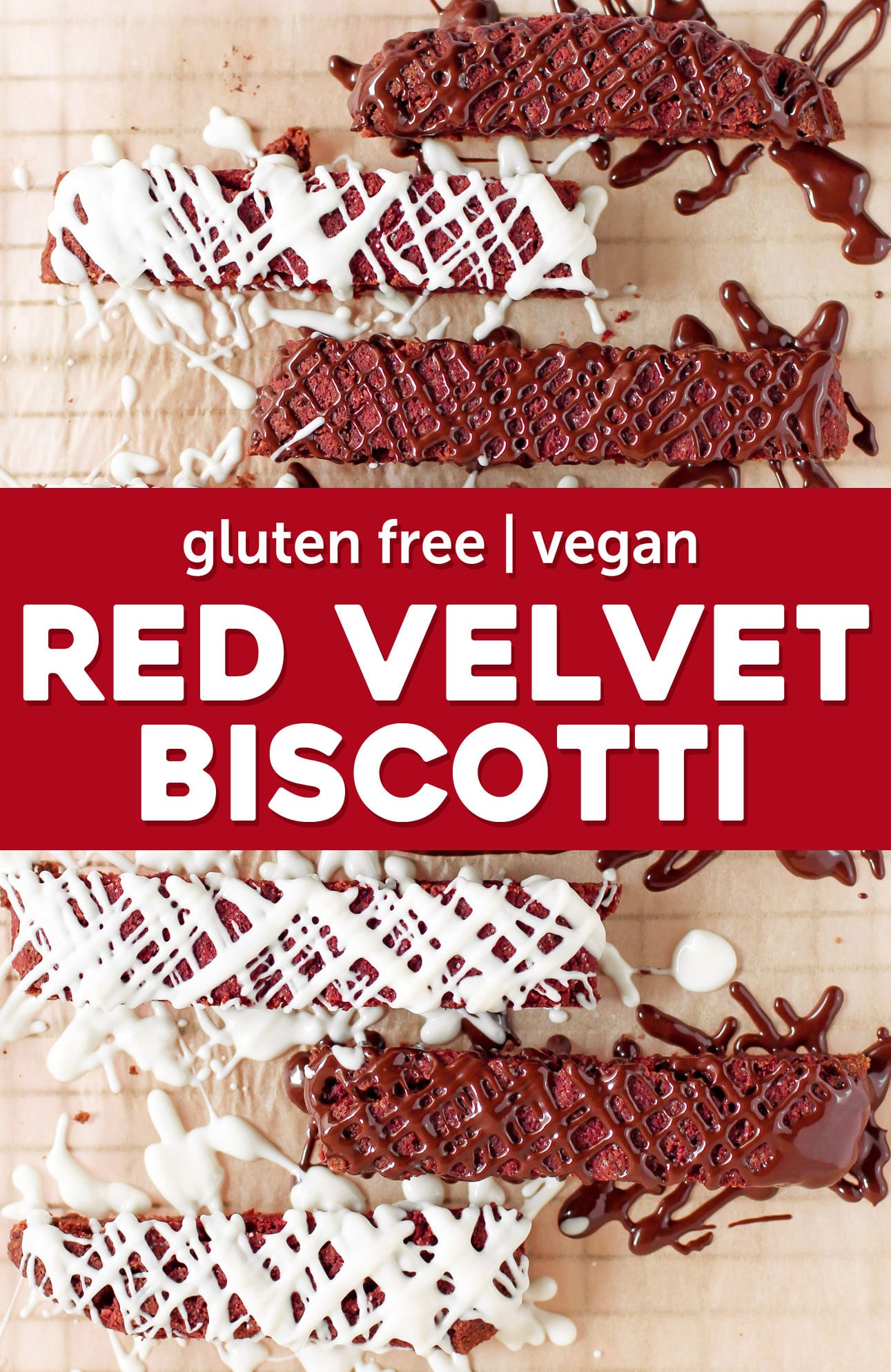 This NATURALLY RED Red Velvet Biscotti is crunchy, sweet, and drizzled with chocolate. You’d never know it’s sugar free, gluten free, dairy free, and vegan! Instead of flour, we use almond meal. Instead of butter (and to add color), we use beets. Instead of eggs, we use ground flaxseed meal!