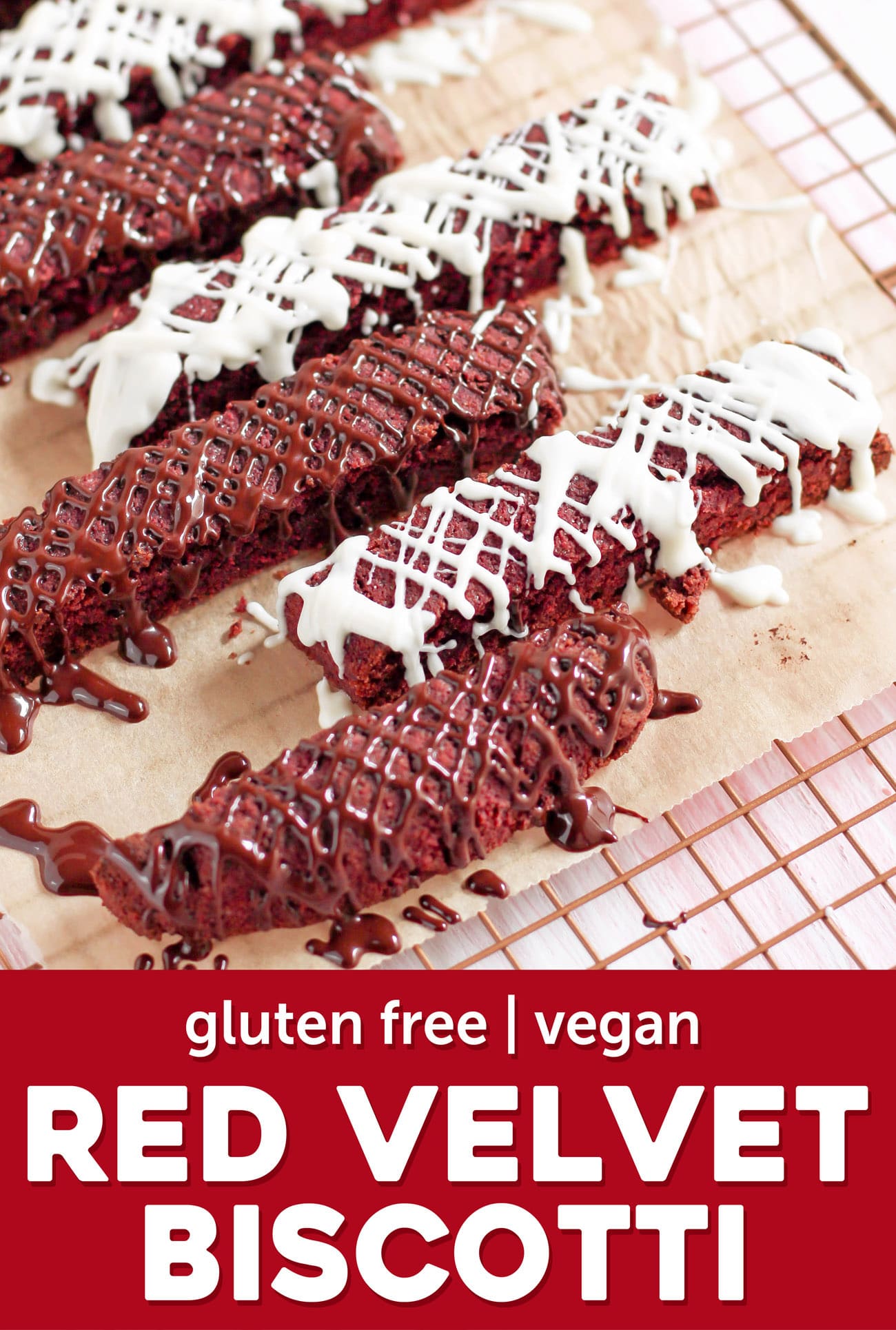 This NATURALLY RED Red Velvet Biscotti is crunchy, sweet, and drizzled with chocolate. You’d never know it’s sugar free, gluten free, dairy free, and vegan! Instead of flour, we use almond meal. Instead of butter (and to add color), we use beets. Instead of eggs, we use ground flaxseed meal!