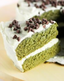 This Healthy Green Velvet Cake tastes exactly like Red Velvet Cake, only it's GREEN!  It's super moist, flavorful, and delicious, you'd never know it's sugar free, low fat, high fiber, and gluten free too.  It also happens to be the perfect green Saint Patrick's Day dessert!