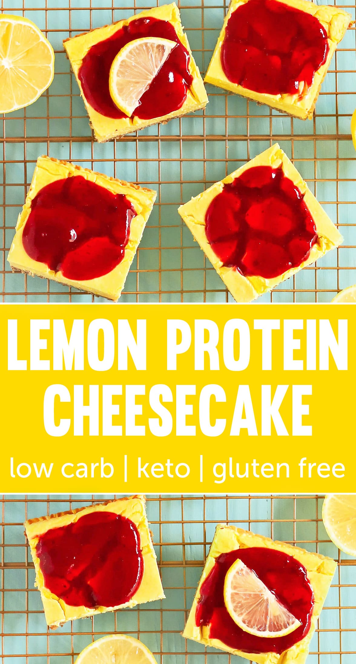 If you like cheesecake but don't want all the extra fat, calories, and sugar, make these Lemon Cheesecake Bars! It's just as rich and tasty as the original, but it's secretly sugar free, low carb, high protein, gluten free, and keto-friendly too!