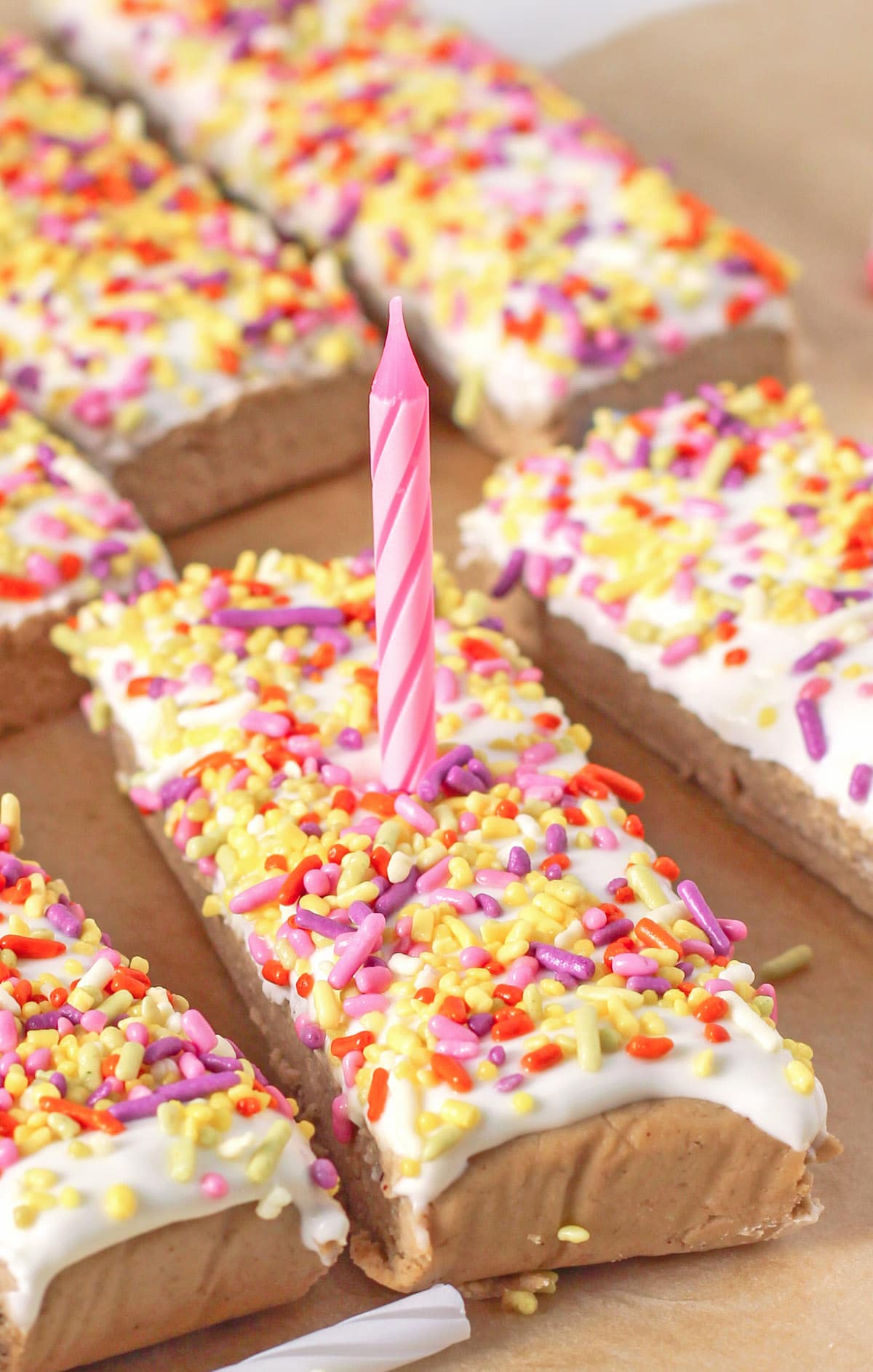 Healthy Birthday Cake Protein Bars with Cream Cheese Frosting and Rainbow Sprinkles