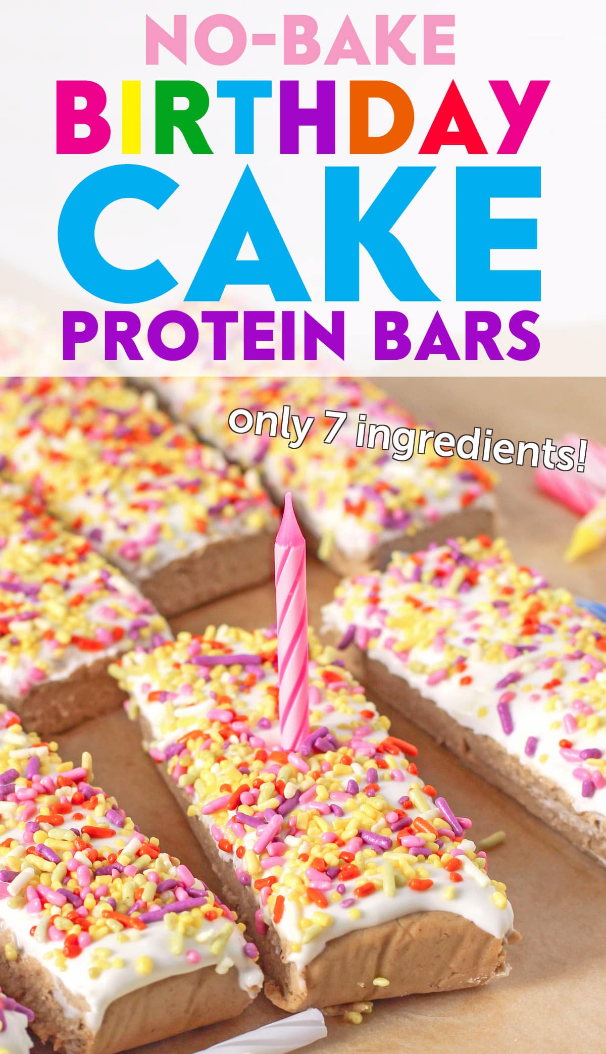 Healthy Birthday Cake Protein Bars with Cream Cheese Frosting and Rainbow Sprinkles