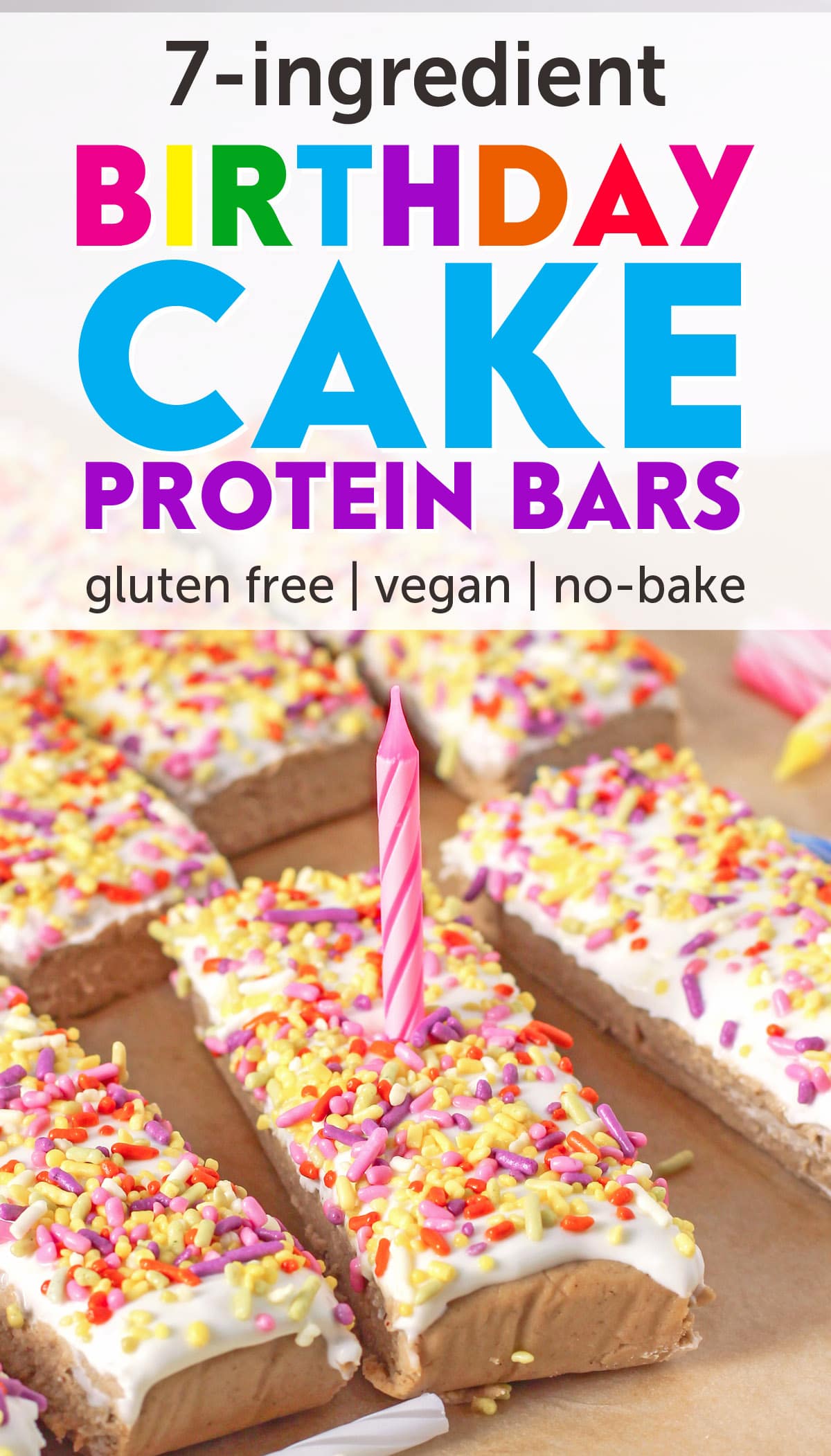 Healthy Birthday Cake Protein Bars with Cream Cheese Frosting and Rainbow Sprinkles