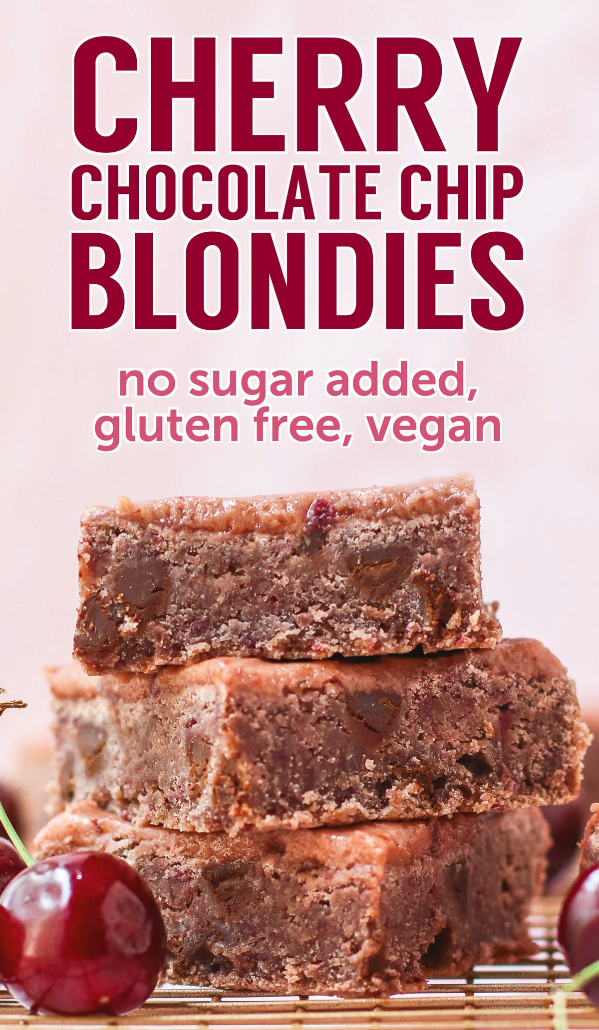 These healthy Cherry Chocolate Chip Blondies are dense, fudgy, and packed with chocolate chips! You'd never know they're made without any added sugar, butter, or flour! Oh yes, these are sugar free, gluten free, dairy free, and vegan.
